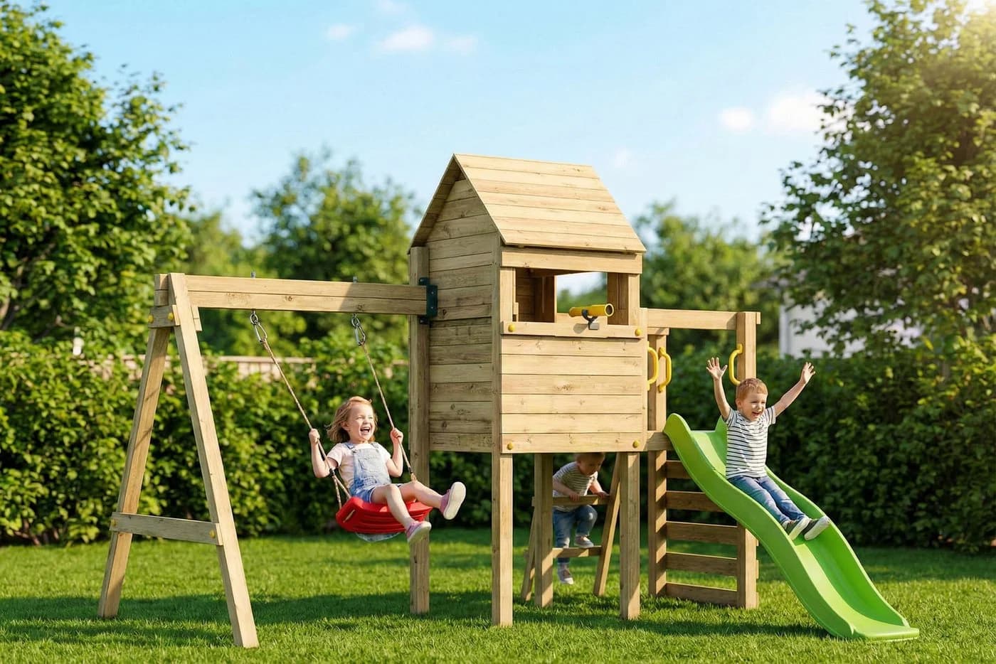 Fungoo LUOMI Spielturm Grün mit Rutsche und Schaukel