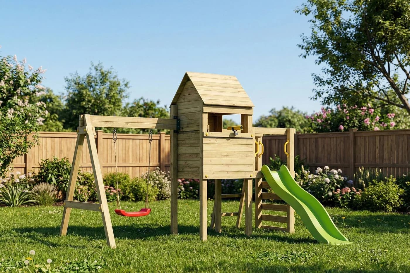 Fungoo LUOMI Spielturm Grün mit Rutsche und Schaukel - Bild 5