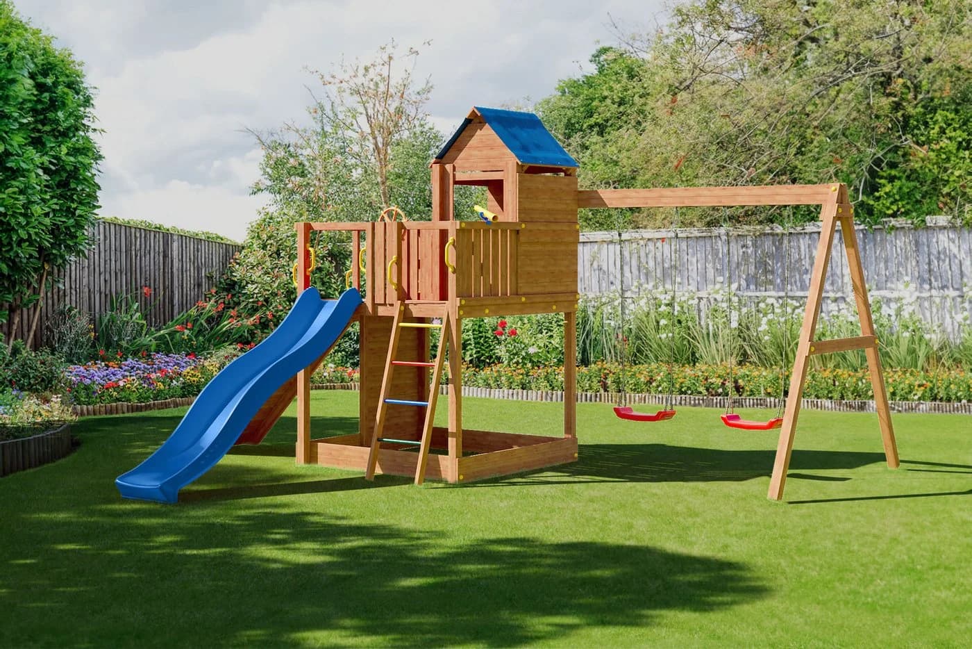 Fungoo Treehouse Spielturm blau mit Rutsche und Schaukel