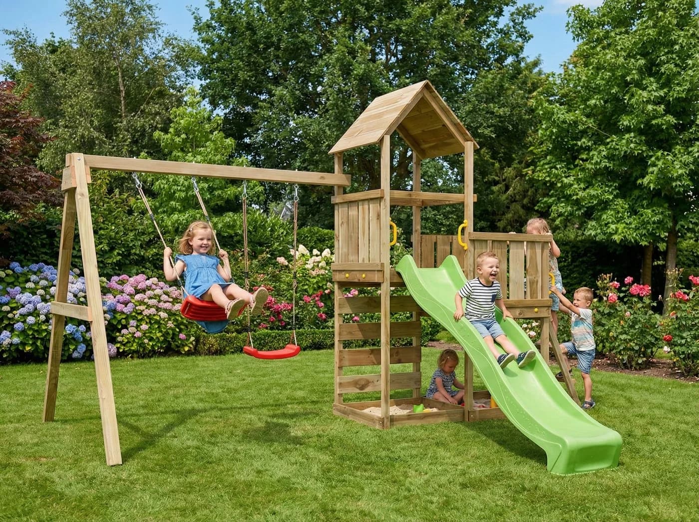 FUNGOO MaxPlay 3.2 Spielturm Grün mit Rutsche und Schaukel