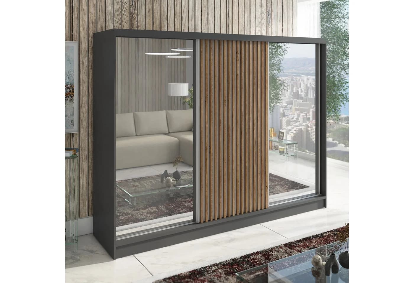 A&J MöbelLand Schiebetürenschrank DIVER 200 cm Grau mit 4 Schubladen