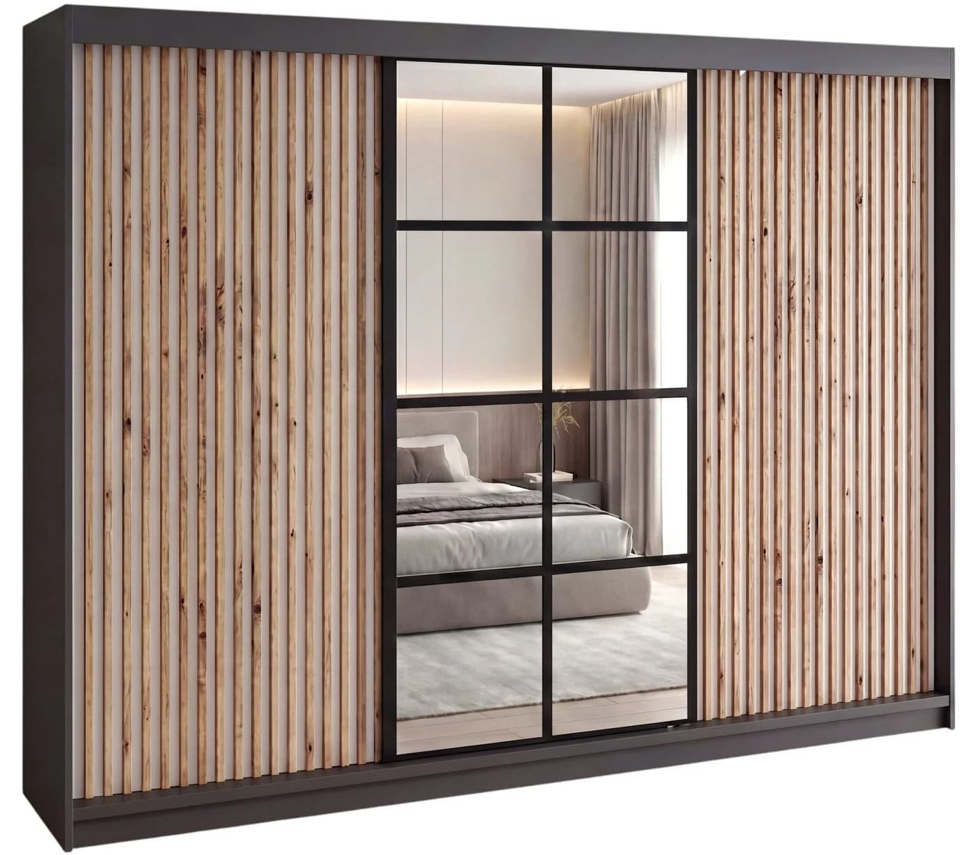 A&J MöbelLand NORIVO Schiebetürenschrank 200 cm Schwarz 3D-Lamellen Spiegelfront - Bild 2