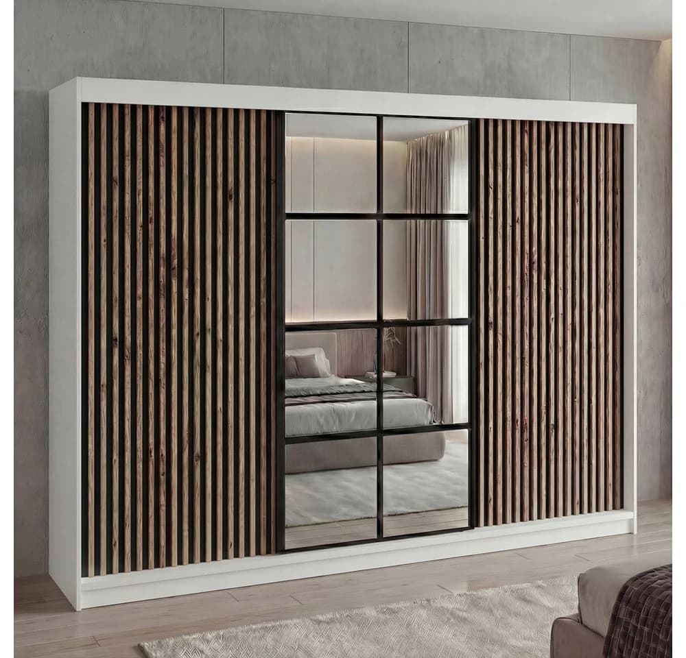 A&J MöbelLand Schiebetürenschrank NORIVO 200 cm mit 3D-Lamellen und Spiegelfront