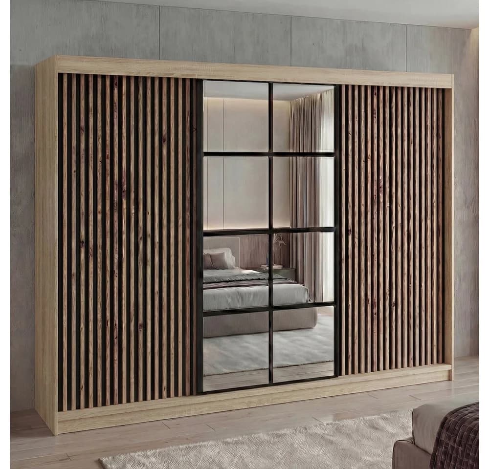 A&J MöbelLand Schiebetürenschrank NORIVO 200 cm mit 3D-Lamellen und Spiegelfront