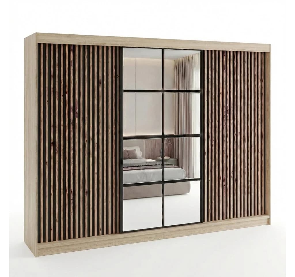 A&J MöbelLand Schiebetürenschrank NORIVO 200 cm mit 3D-Lamellen und Spiegelfront - Bild 2