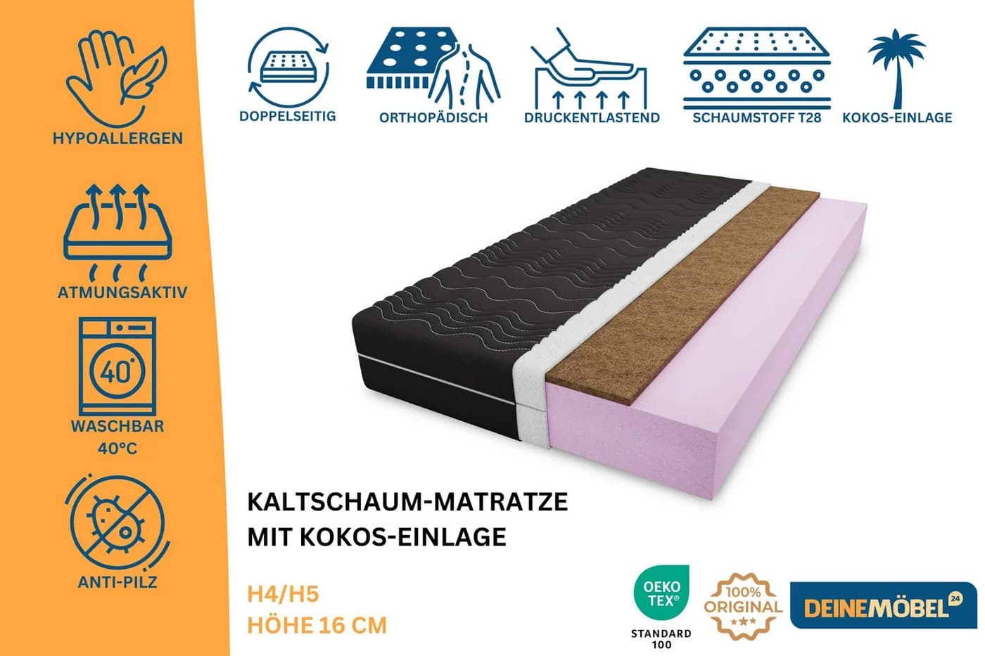 Deine Möbel 24 Kaltschaummatratze H4/H5 mit Kokos Weiß/Schwarz