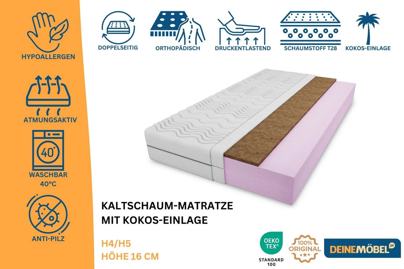 Deine Möbel 24 Kaltschaummatratze H4/H5 Weiß/Schwarz Wendematratze