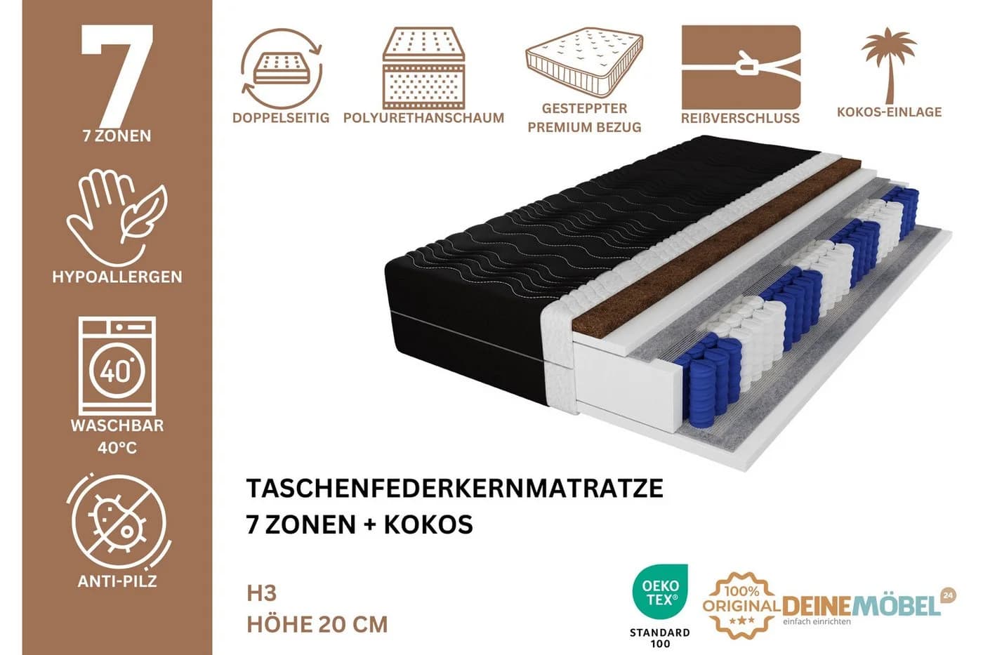 Taschenfederkernmatratze 7 Zonen 20 cm H3 Deine Möbel 24