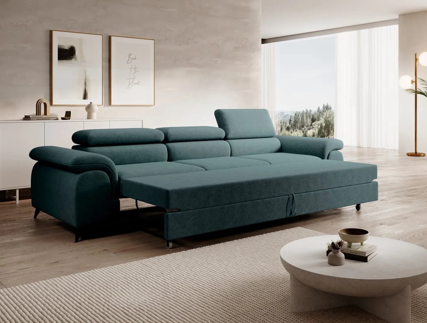 Muffo Sofa Plaza 3 Blau mit Schlaffunktion und verstellbaren Kopfstützen