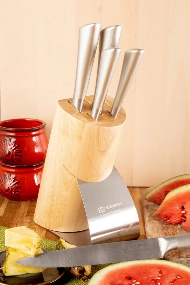 Edenberg Messer-Set 6-tlg. mit Holzblock Kohlenstoffstahl Silber