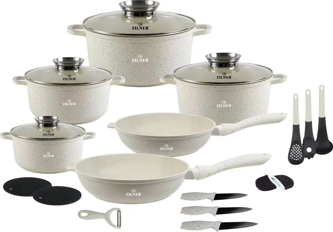 Zilner Kochtopf-Set 21-tlg. Beige Marmor-Keramik Aluminium Induktion - Bild 2