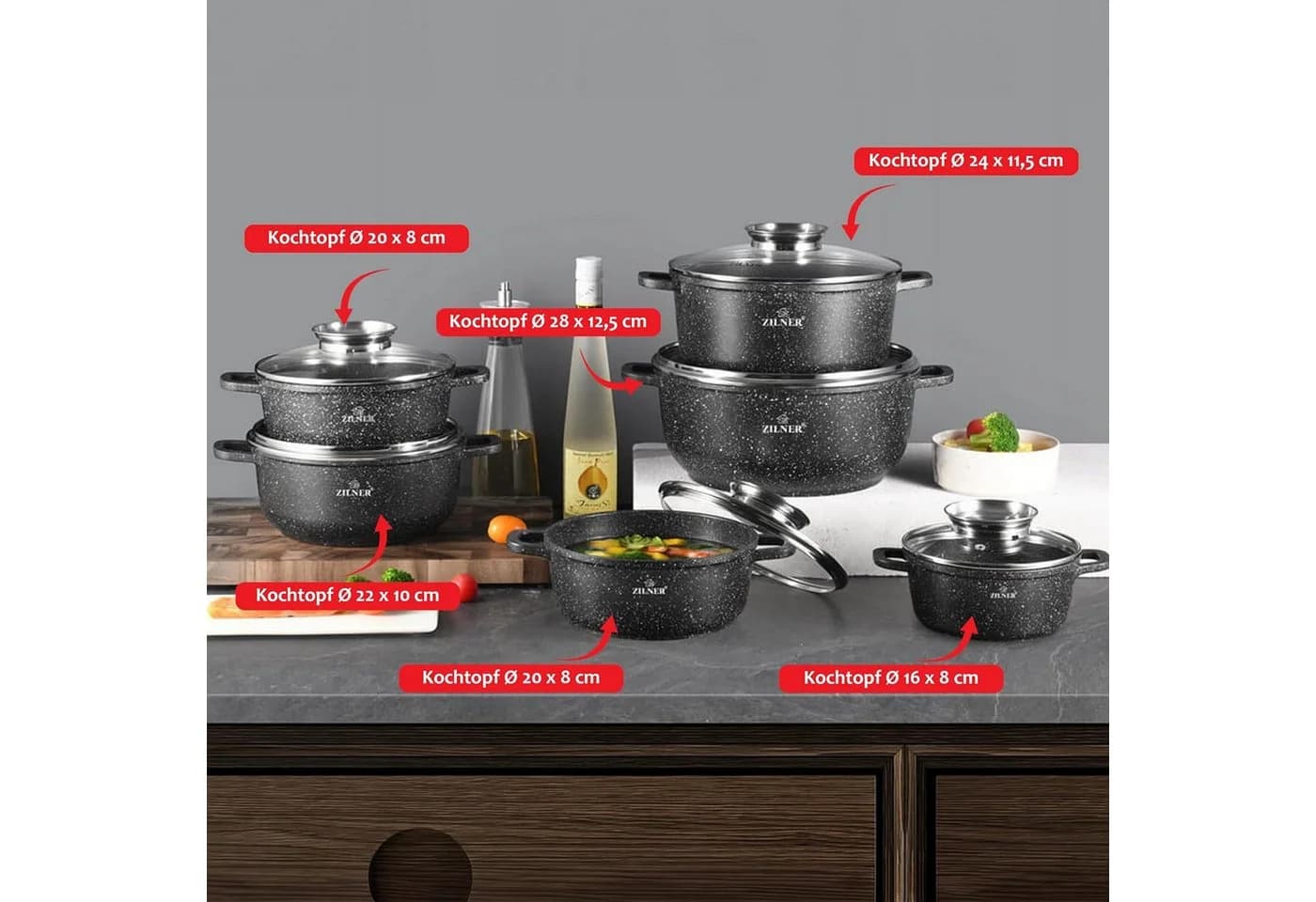 Zilner Topf-Set 6-tlg. Grau Granitbeschichtung Aluminium