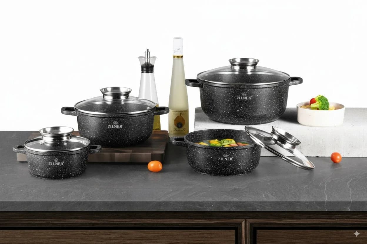 Zilner Topf-Set 4-tlg. Schwarz Keramik-Marmorbeschichtung Aluminium