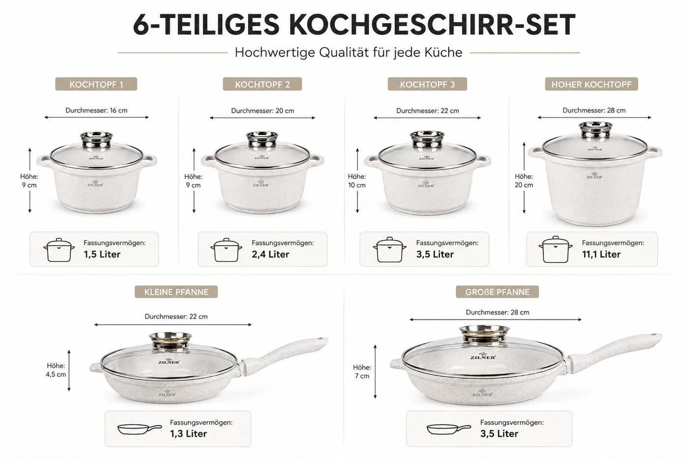 Zilner Topf-Set 17-tlg. Hellbeige mit Zubehör, Keramik & Aluminium