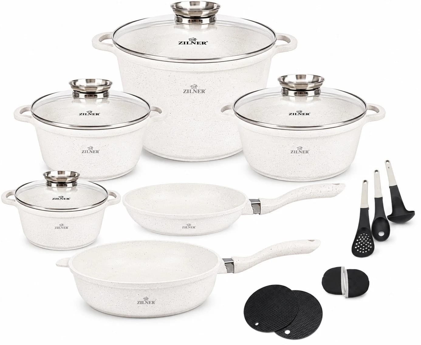 Zilner Topf-Set 17-tlg. Hellbeige mit Zubehör, Keramik & Aluminium - Bild 2