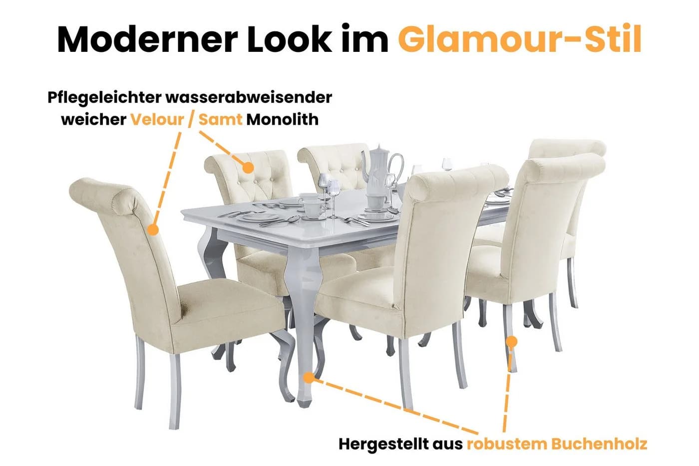 Deine Möbel 24 Essgruppe LUISE Glamour 7-tlg. Beige/Grau Schwarz Samt - Bild 4