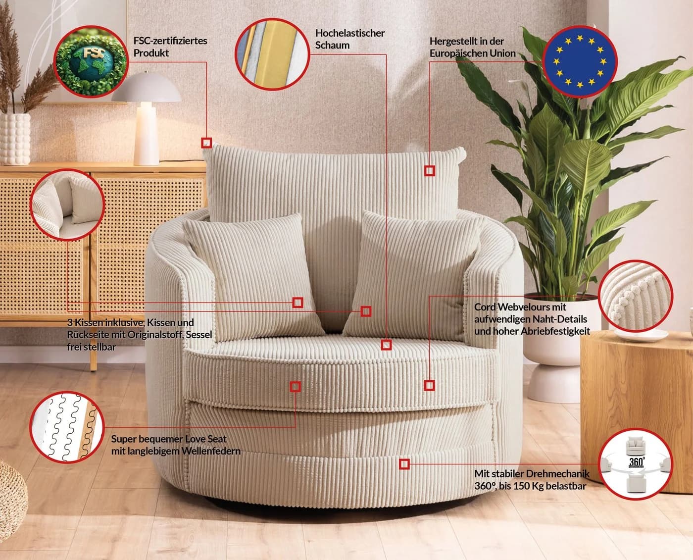 S-Style Möbel Drehsessel Ted Love Seat XXL Beige 360° drehbar Cord - Bild 5