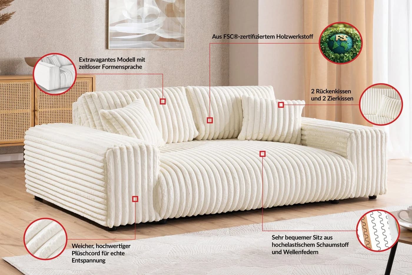 S-Style Möbel 3-Sitzer Sofa Mollis Hellbeige Plüschcord - Bild 5