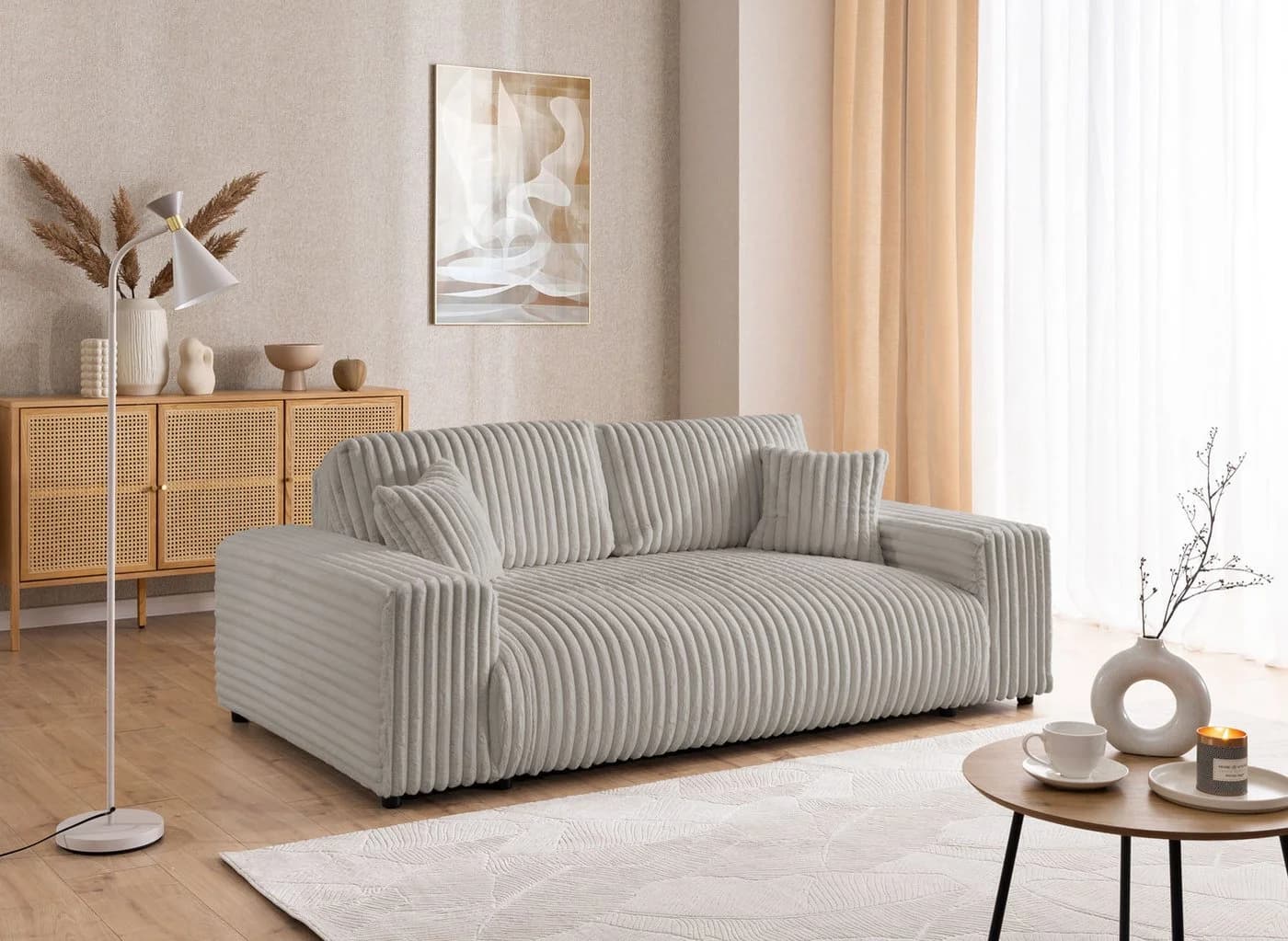S-Style Möbel 3-Sitzer Sofa Mollis Hellgrau Plüschcord