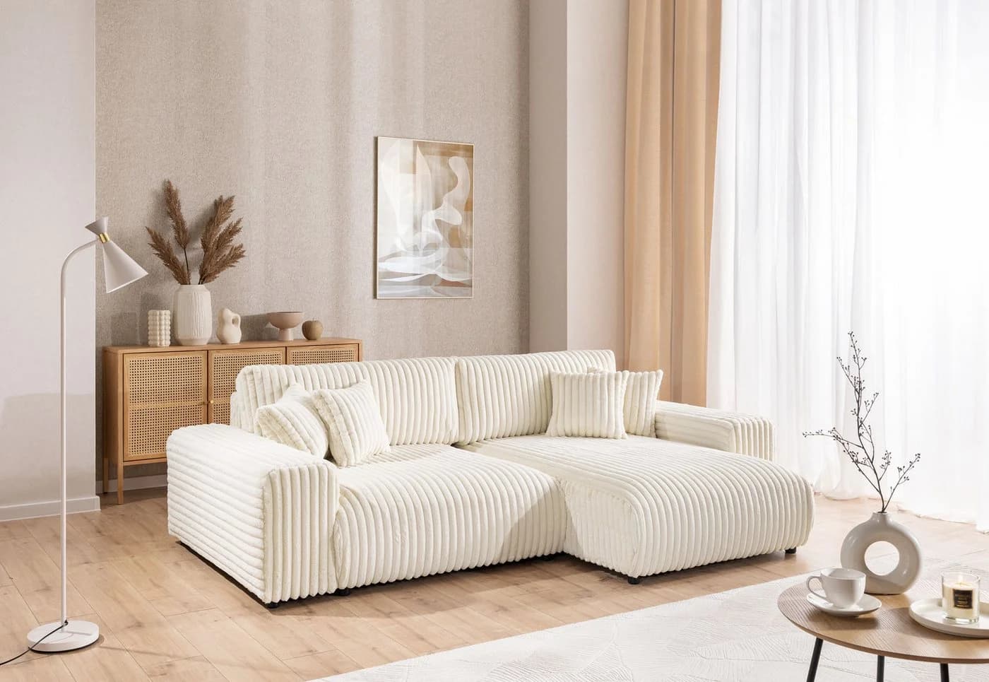 S-Style Möbel Ecksofa Mollis mit Schlaffunktion und Bettkasten Hellbeige