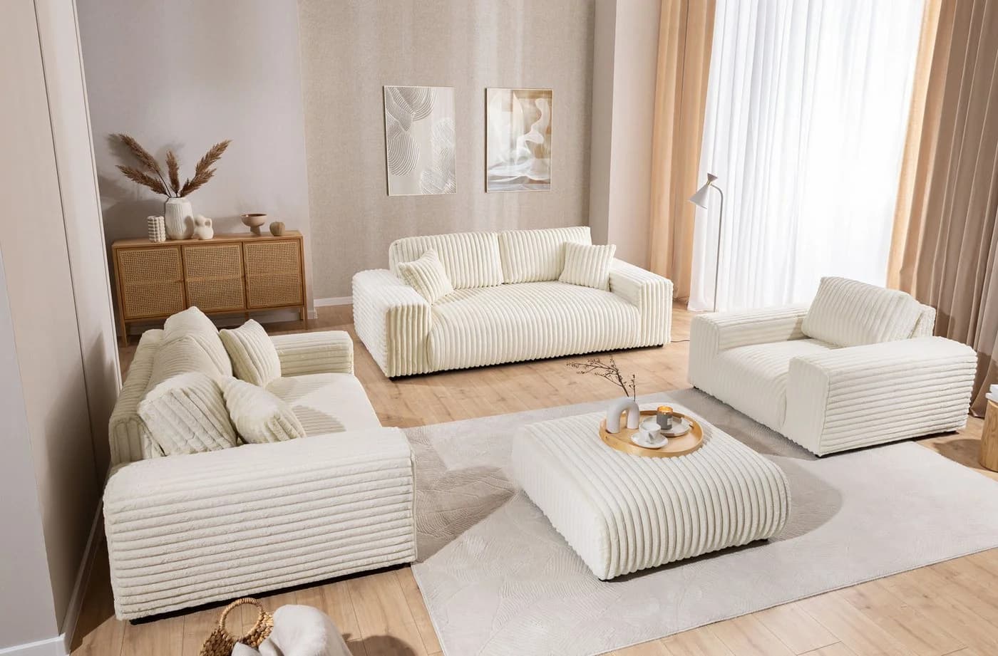S-Style Möbel Polstergarnitur 3+2+1 Mollis Beige Plüschcord - Bild 2