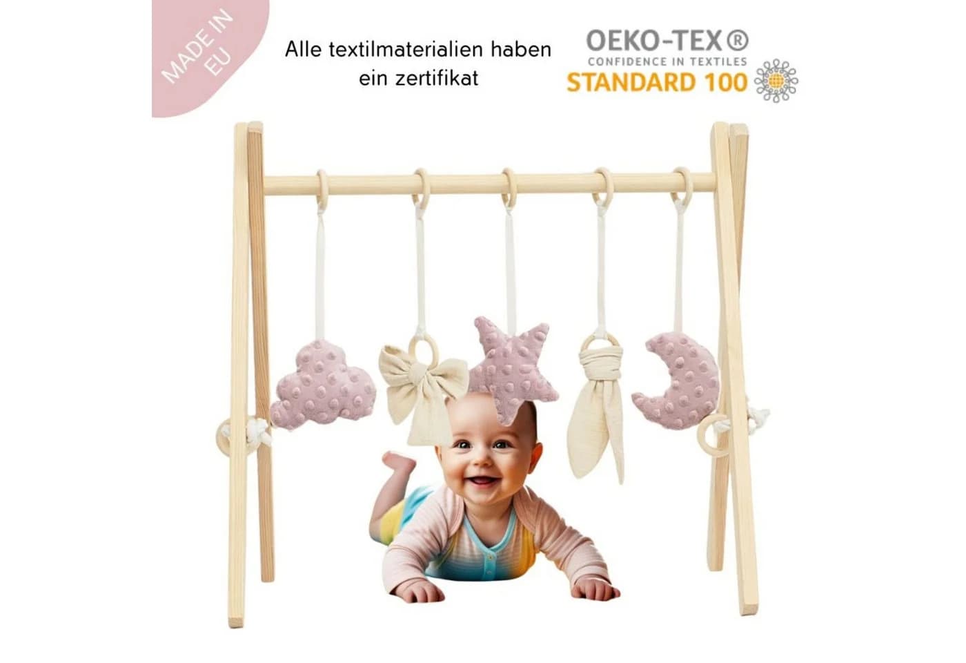 LuMali Baby Gym Holz Spielbogen Klappbar 5 Spielzeuge Rosa