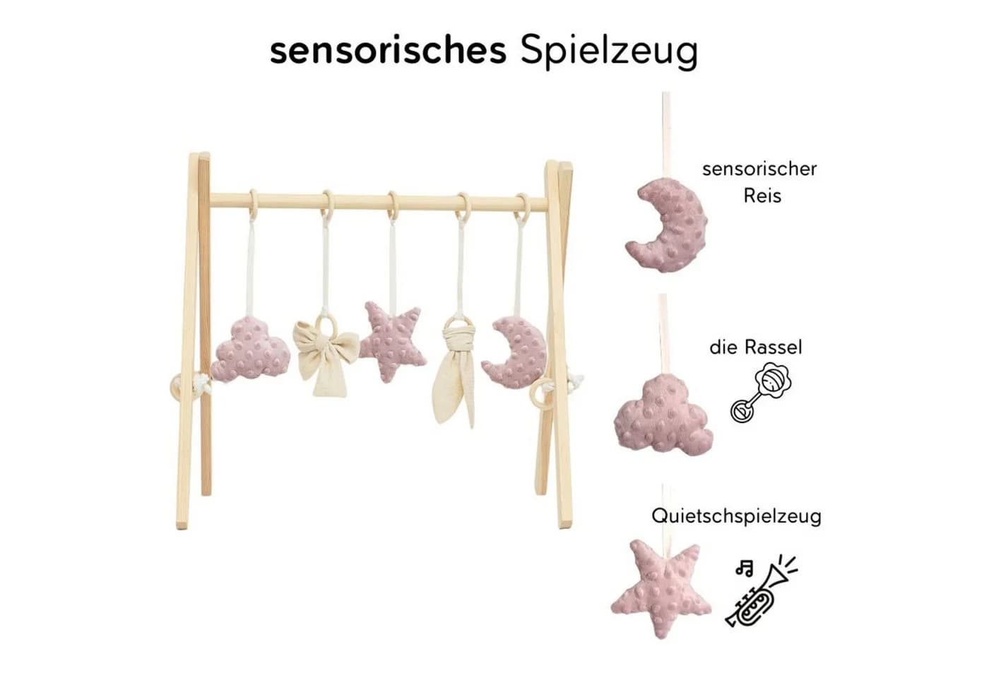 LuMali Baby Gym Holz Spielbogen Klappbar 5 Spielzeuge Rosa - Bild 3