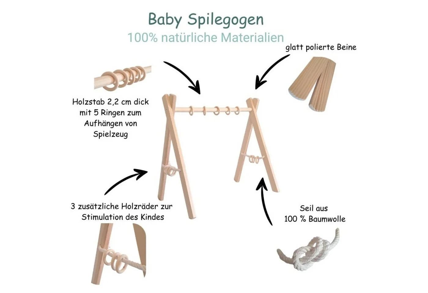 LuMali Baby Gym Holz Spielbogen Klappbar 5 Spielzeuge Rosa - Bild 5