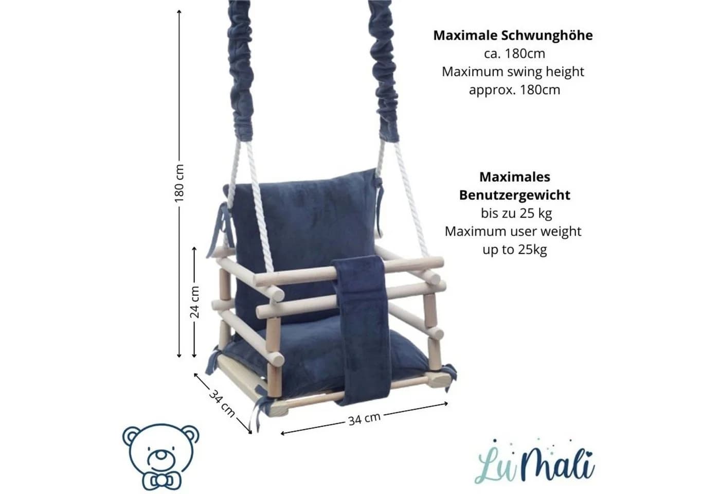 LuMali Babyschaukel 3in1 aus Naturholz Kiefer mit Sicherheitsgurt - Bild 3