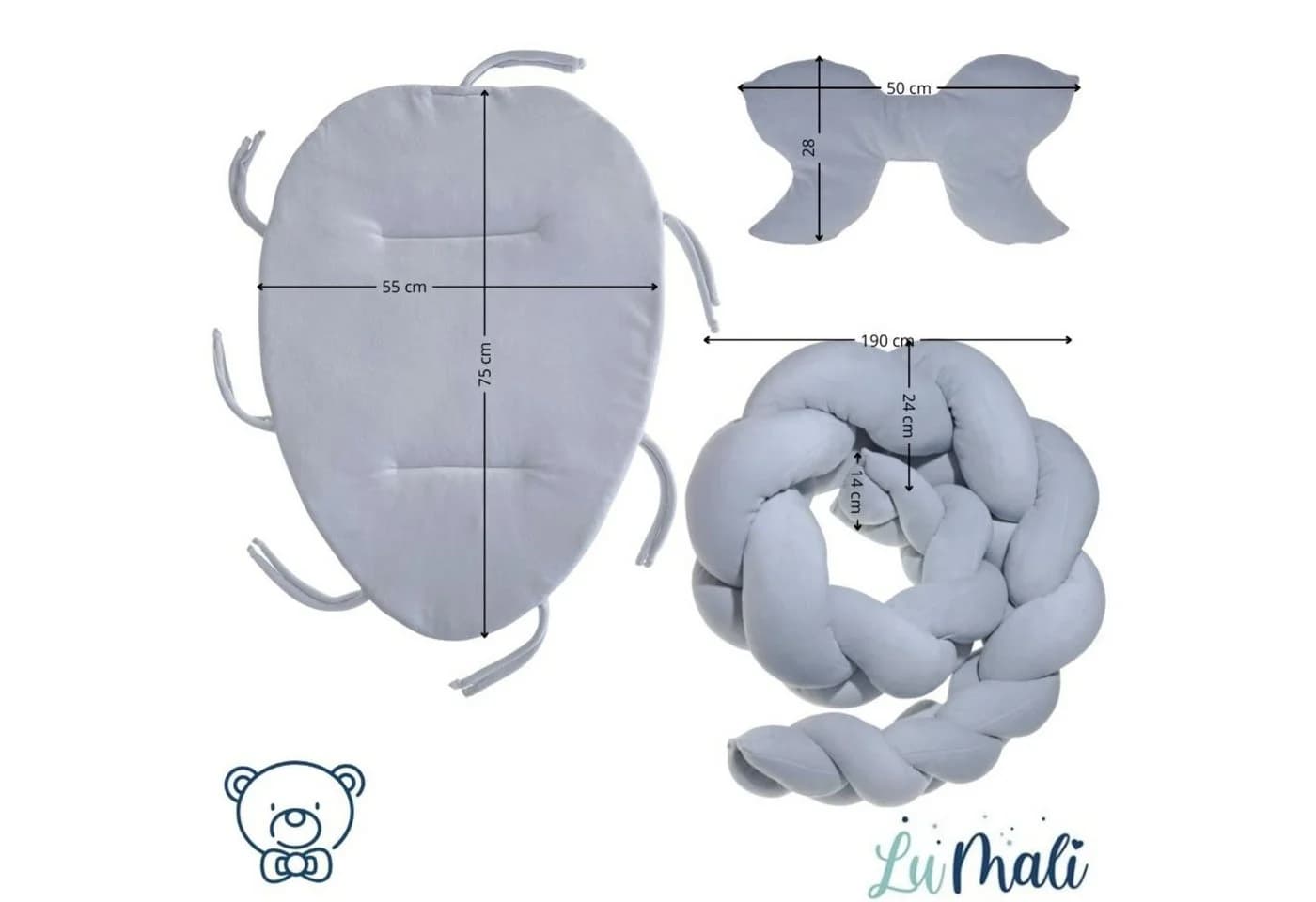 LuMali Kuschelnest 3in1 Babynest XXL Kokon Zopf Matte Kissen Grau - Bild 3