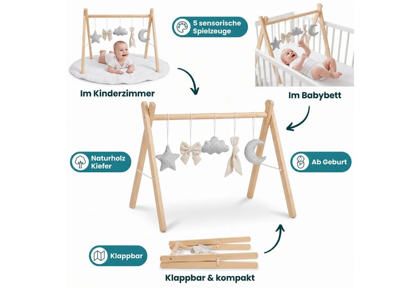 LuMali Baby Gym Spielbogen aus Naturholz Kiefer mit 5 sensorischen Anhängern - Bild 2