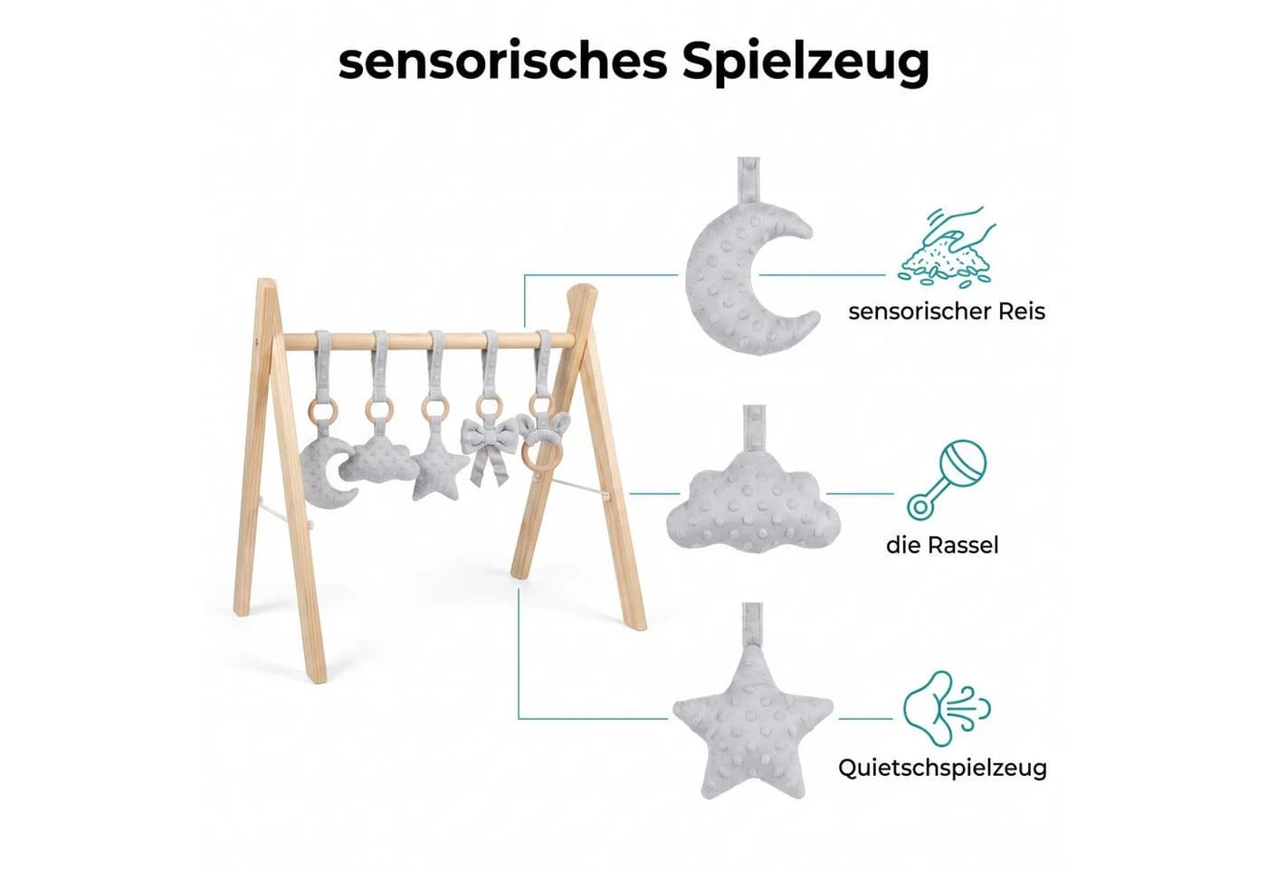 LuMali Baby Gym Spielbogen aus Naturholz Kiefer mit 5 sensorischen Anhängern - Bild 3