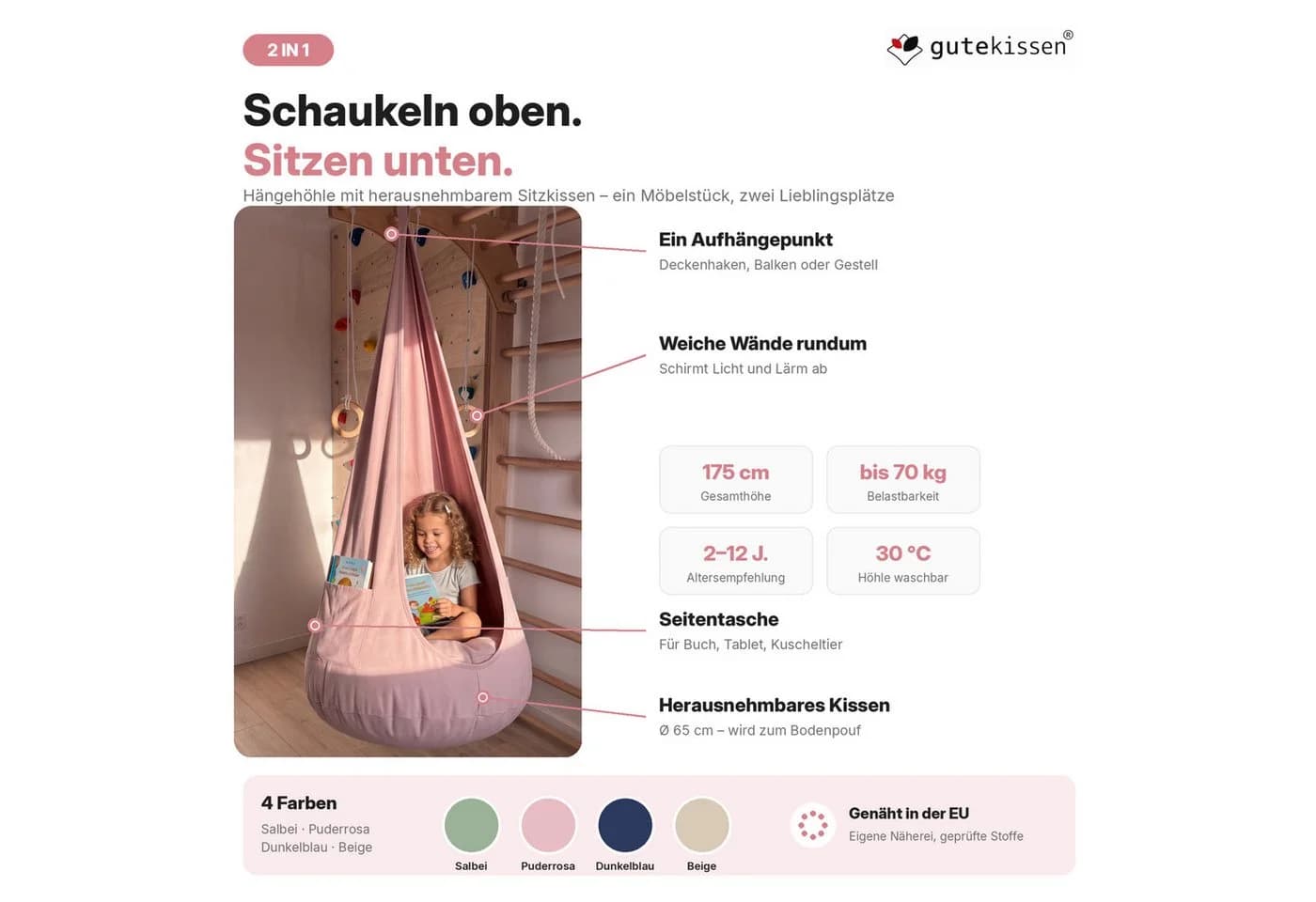 FAVRE Hängesessel Hängehöhle Kinder 2in1 mit herausnehmbarem Sitzkissen Rosa - Bild 3