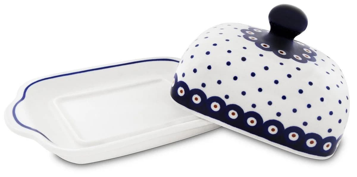 Bunzlauer Keramik Butterdose eckig Dekor 28 weiß/blau