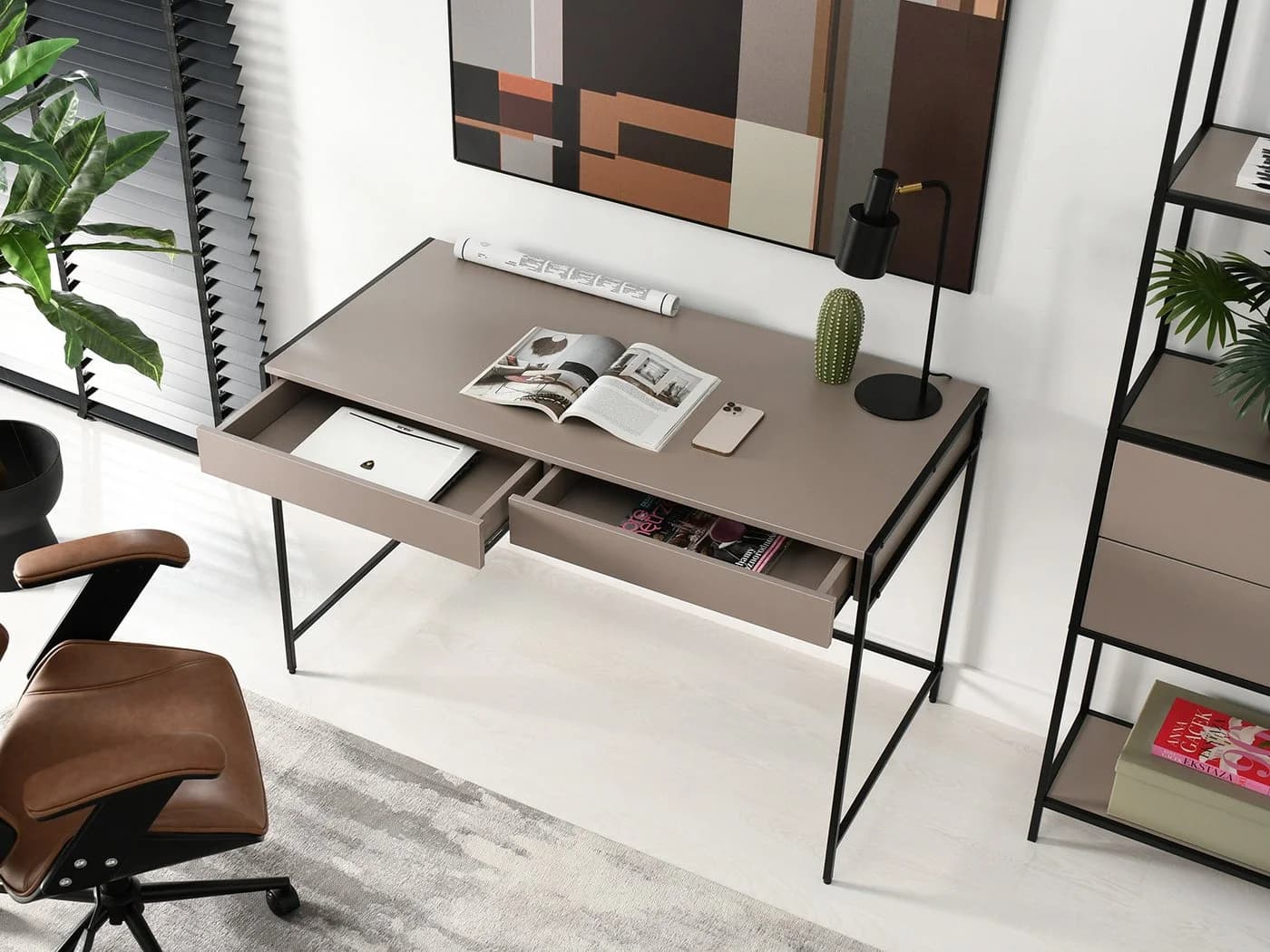 Compleo Schreibtisch Modern Beige/Schwarz mit 2 Schubladen - Bild 4