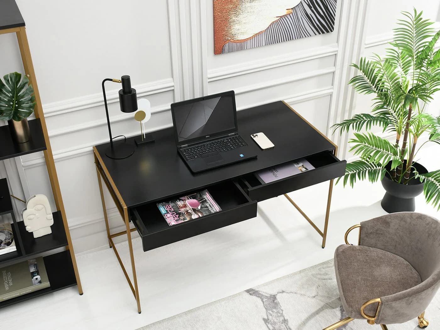 Compleo Schreibtisch Modern Schwarz Gold 2 Schubladen - Bild 4