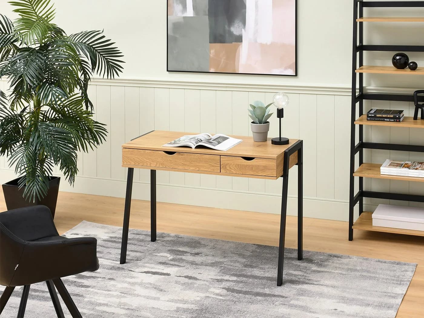 Compleo Schreibtisch LUNDS mit 2 Schubladen Modern Eiche/Schwarz