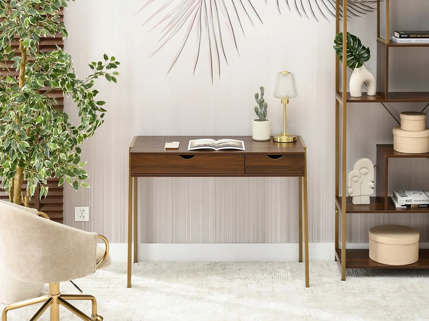 Compleo Schreibtisch LUNDS Modern mit 2 Schubladen Braun/Gold - Bild 3