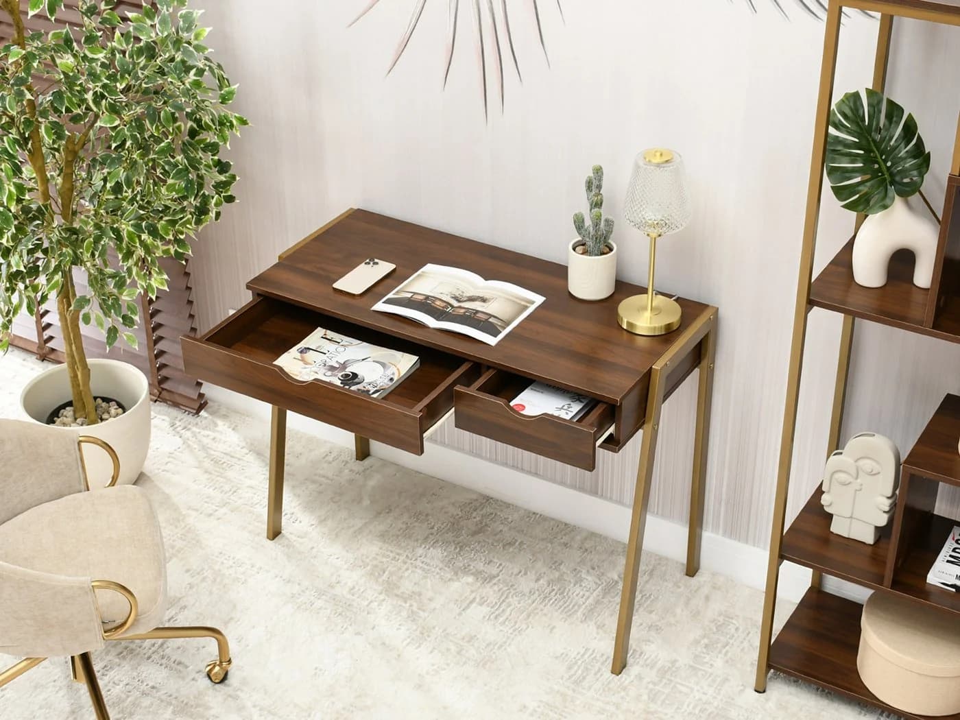 Compleo Schreibtisch LUNDS Modern mit 2 Schubladen Braun/Gold - Bild 4