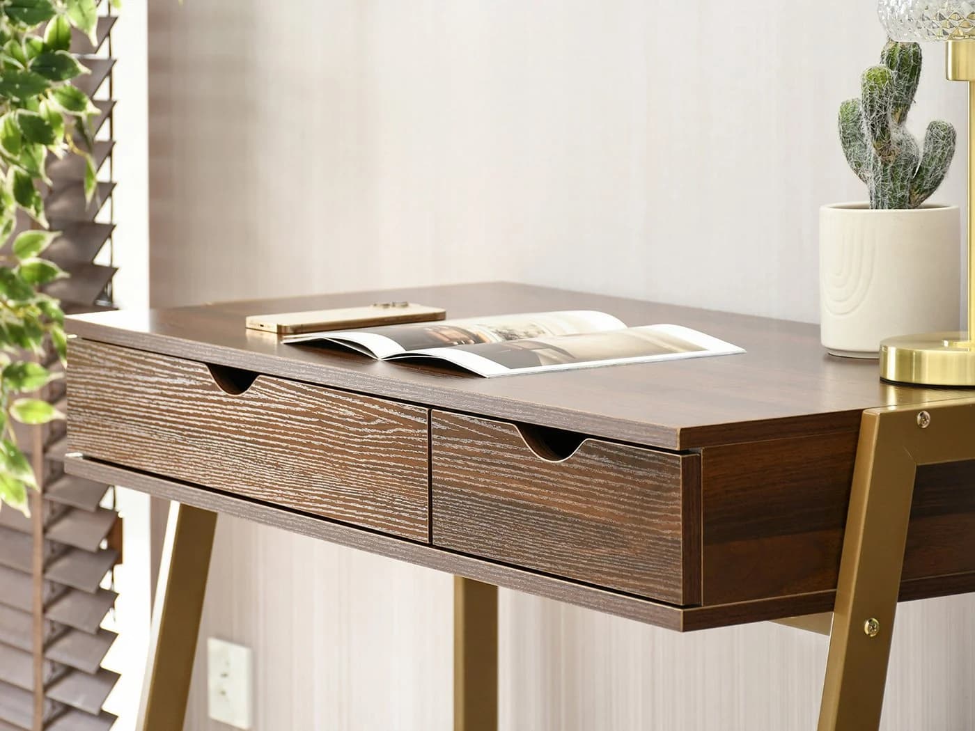 Compleo Schreibtisch LUNDS Modern mit 2 Schubladen Braun/Gold - Bild 5