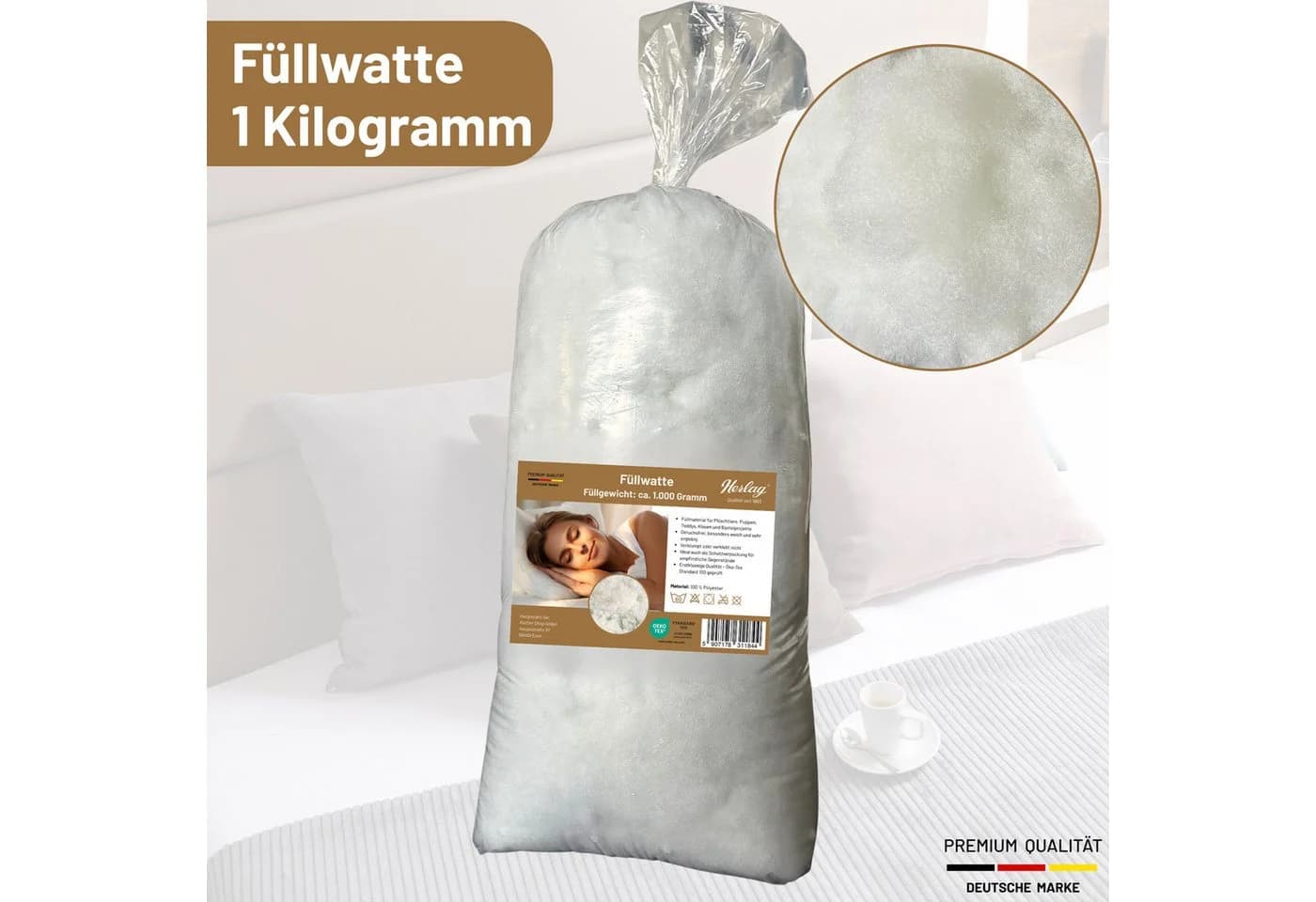 Herlag Kissenfüllung Füllwatte 1.000 g – 100 % Polyester, waschbar bis 60 °C