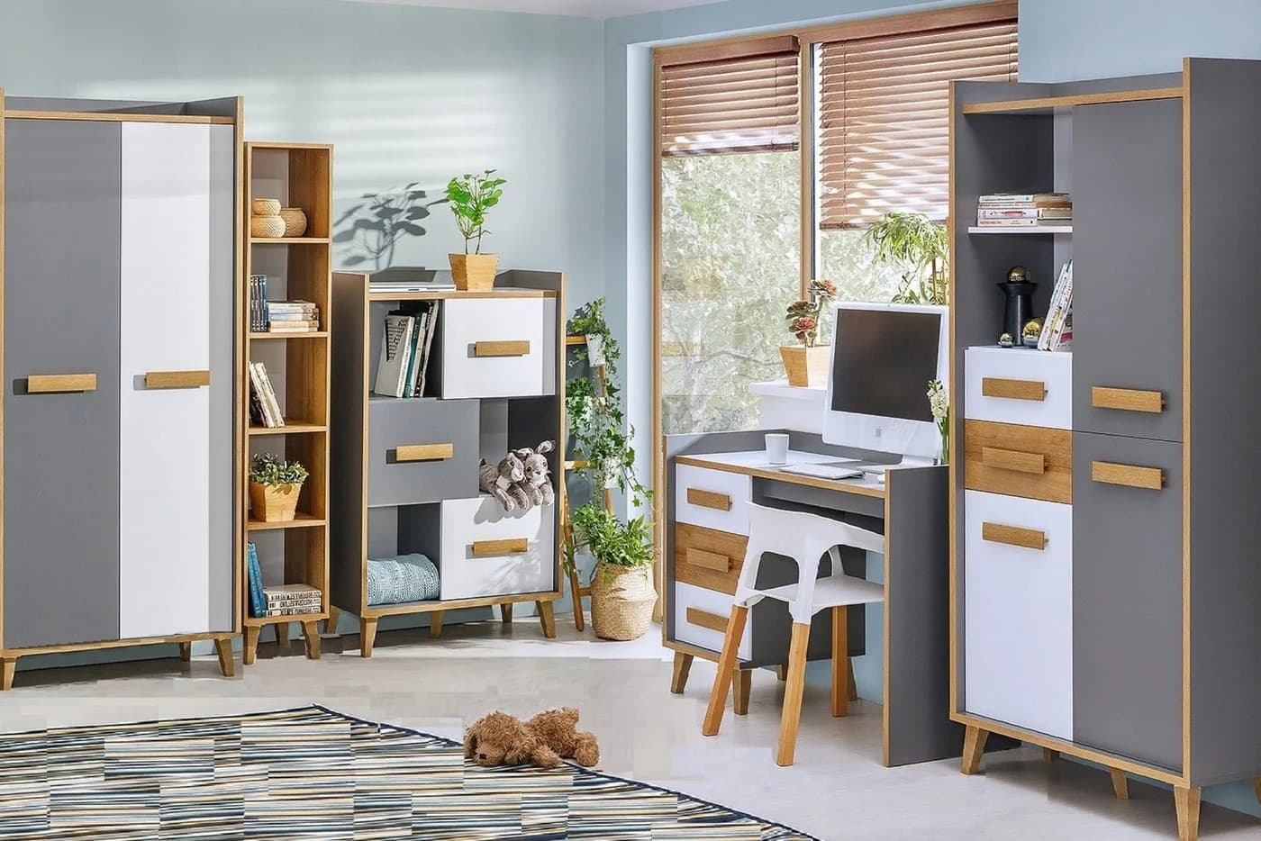 Kinderkleiderschrank WILLY 1 2-türig Weiß Matt Anthrazit Eiche Scandi - Bild 4
