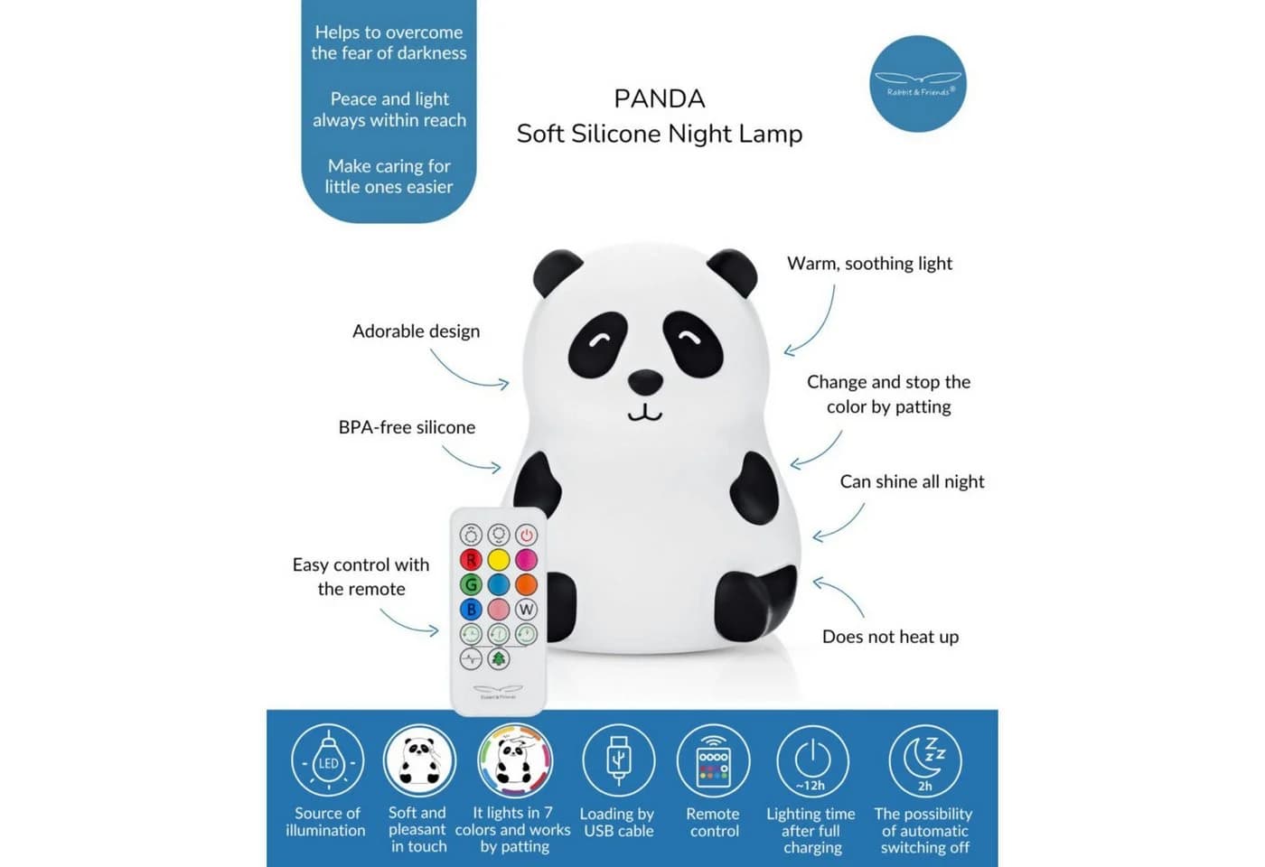 Rabbit & Friends LED Nachtlicht Panda Silikon Lampe mit Fernbedienung - Bild 5