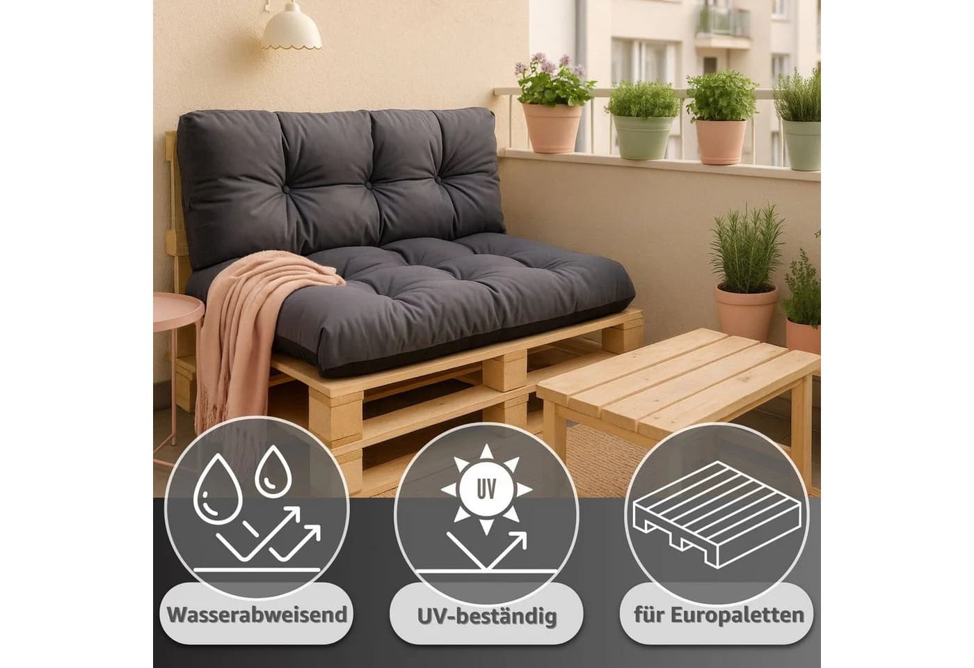 Amazinggirl Palettenkissen Outdoor Grau Schwarz Sitzkissen Auflagen - Bild 3