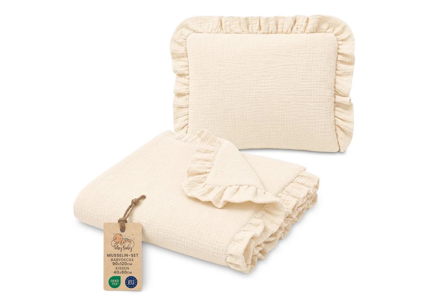 Totsy Baby Musselin Decke Set mit Kissen Beige Rüschen - Bild 2