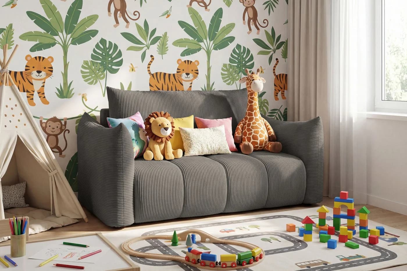 WFL GROUP Kindersofa Lilo Grau Cord mit Schlaffunktion & Bettkasten - Bild 2