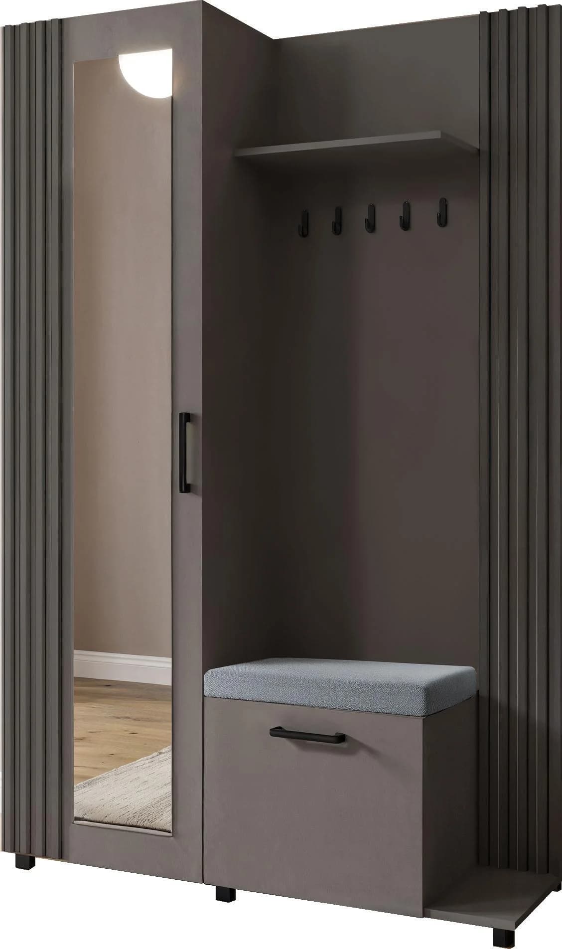 GARDEROBE Linaro mit Spiegel und Sitzbank in Lamellen-Optik Dunkelgrau