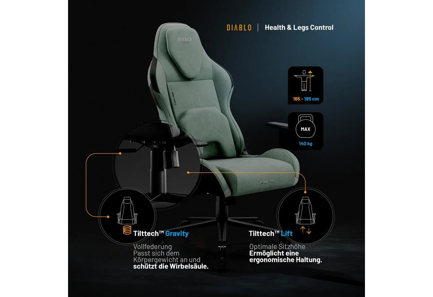 DIABLO CHAIRS Gaming-Stuhl X.One Prime Grün CoolComfort Metallbasis - Bild 3