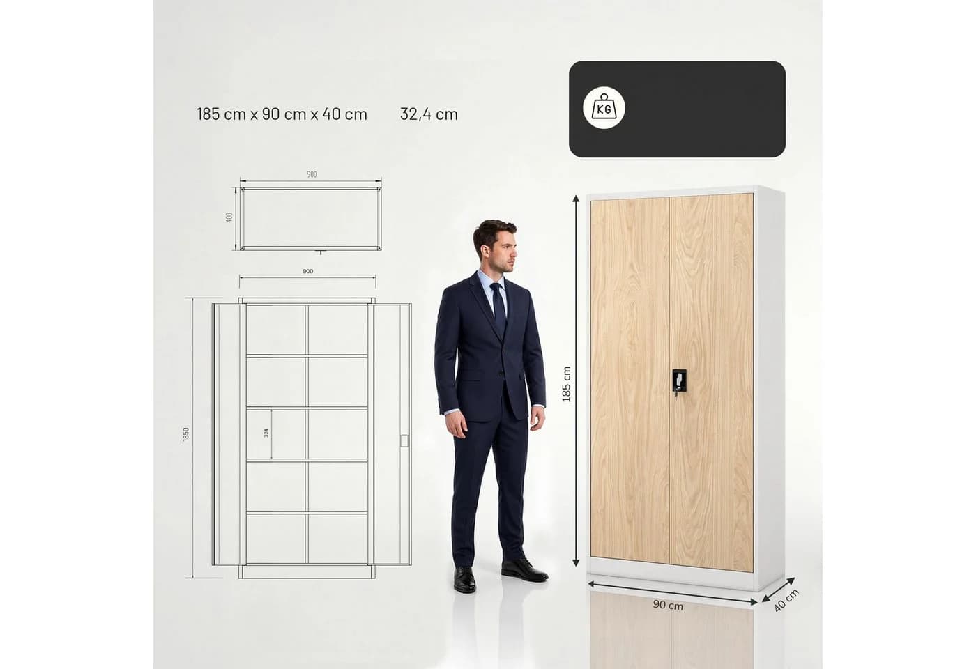 Jan Nowak Aktenschrank Metall 90x185x40 cm abschließbar grau - Bild 4