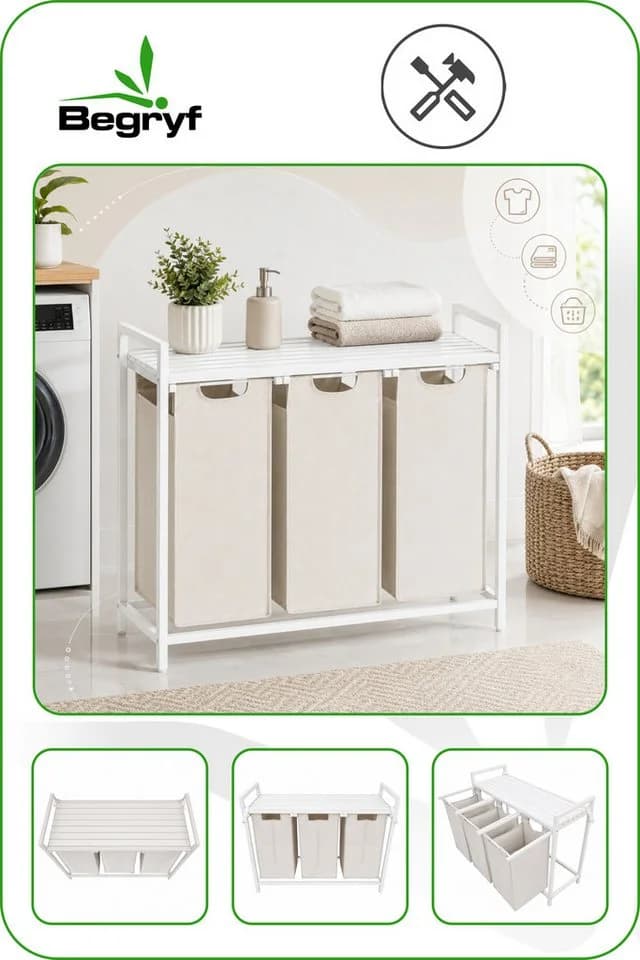 BEGRYF Wäschekorb mit 3 Fächern und Ablage Weiß Beige